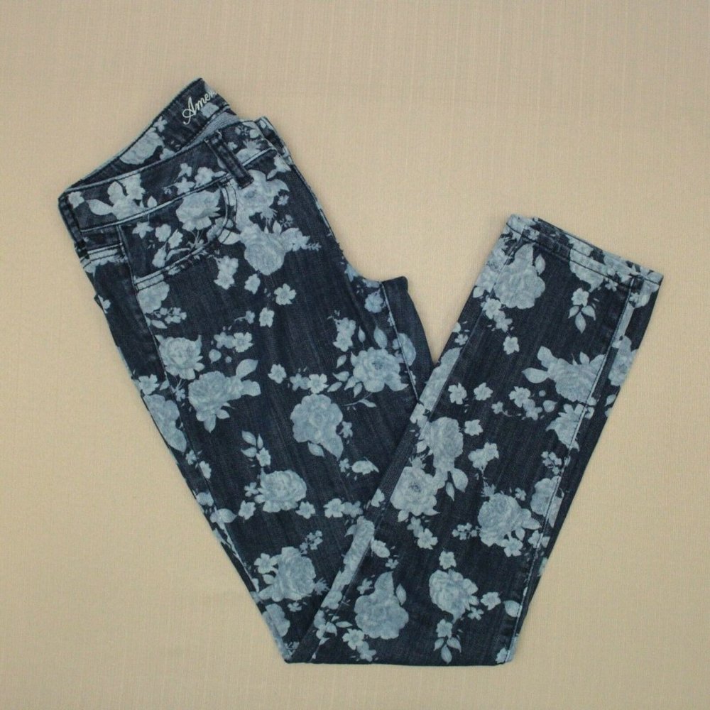 Floral Print Skinny Jeans - Blue